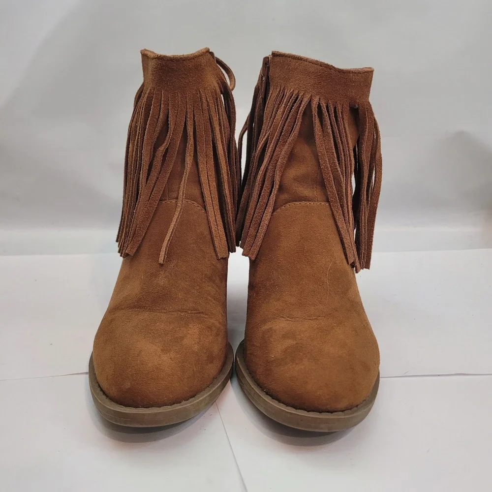 Target Fringe Ankle Boots Womens 6.5 Cognac Brown Leather Block Heel Booties